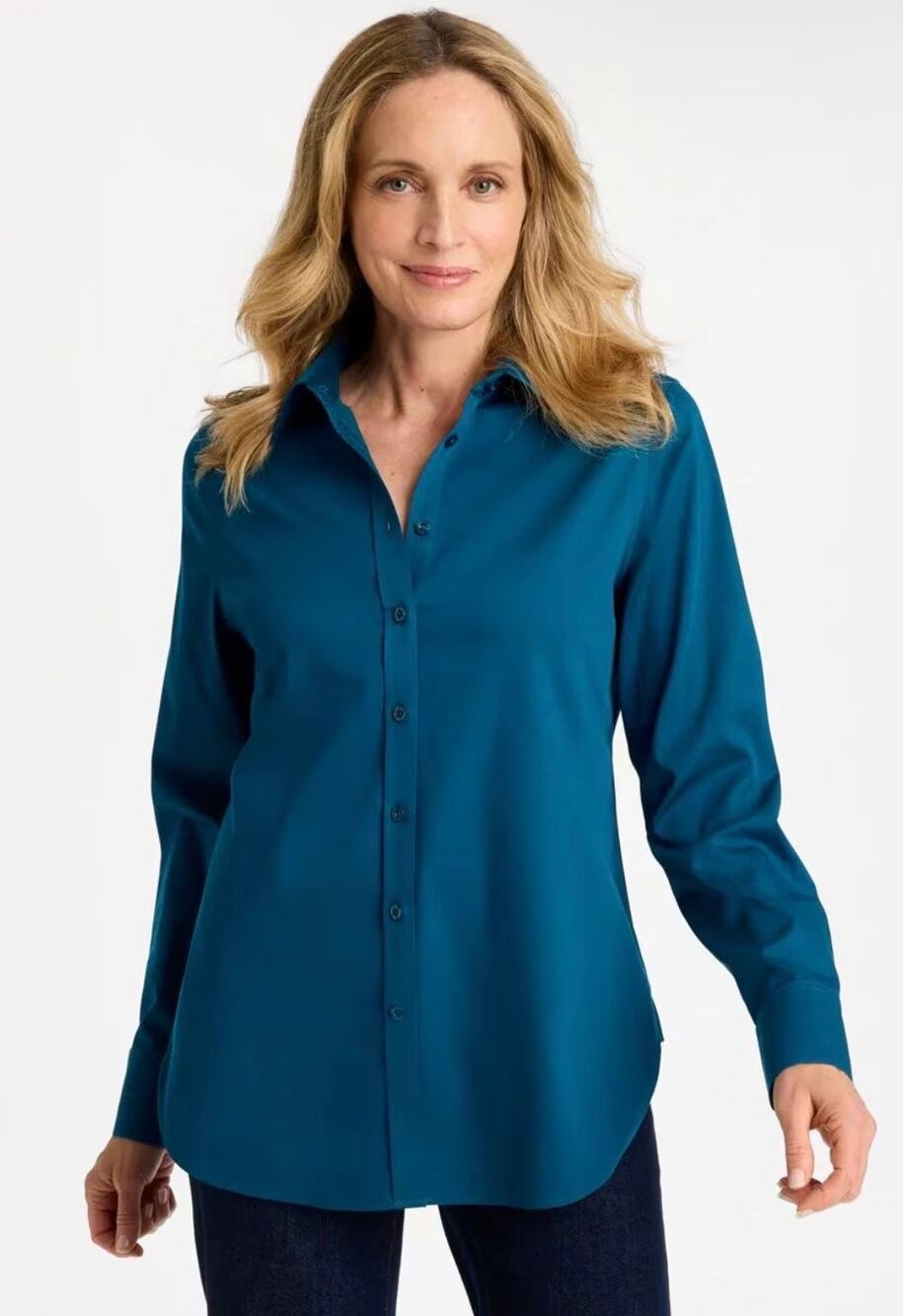 Chico’s Stretch Button-Down Shirt Striking Teal 100% Cotton Size 4 (US 2XL) New
